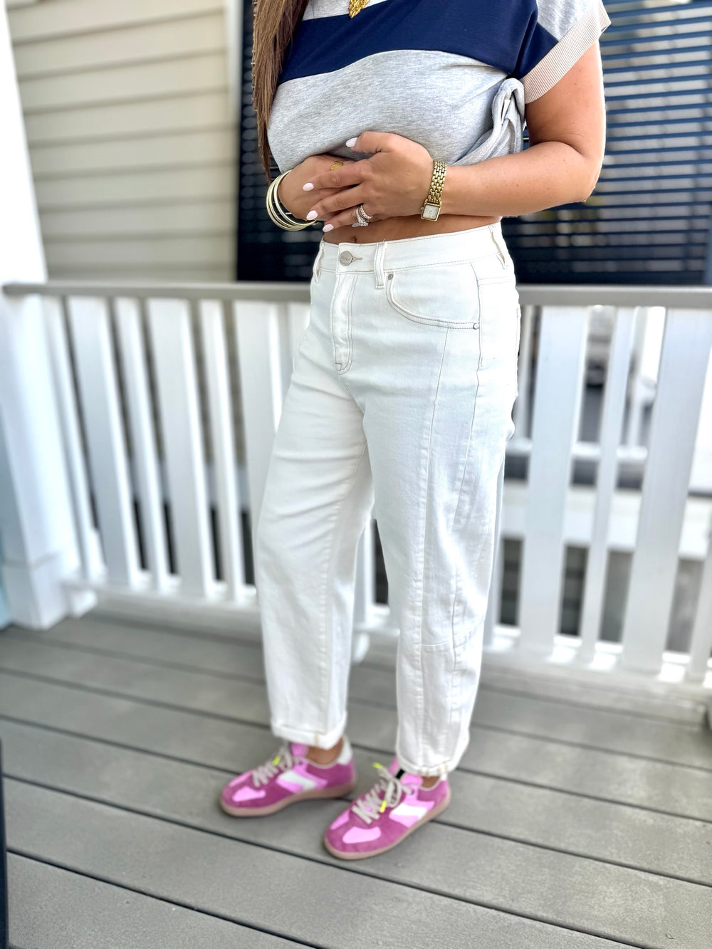 high rise cream cuff  denim 