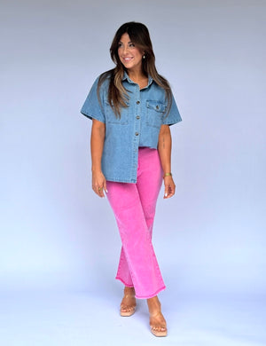 Acid Wash Stretch Denim - Hot Pink