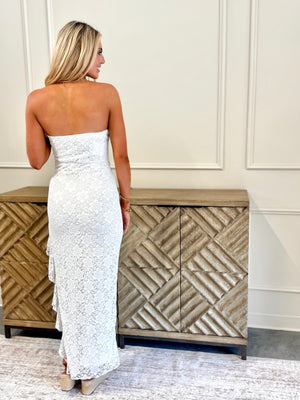 strapless lace maxi dress, vacation strapless maxi dress, lace bridal dress, lace bridal maxi dress, lace with slit maxi dress