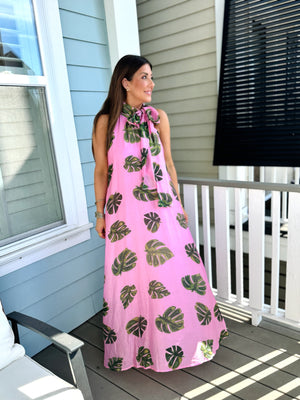 vacay dress, midi dress, spring palm dress, prink palm dress, beach dress, beach midi dress, palm spring dress