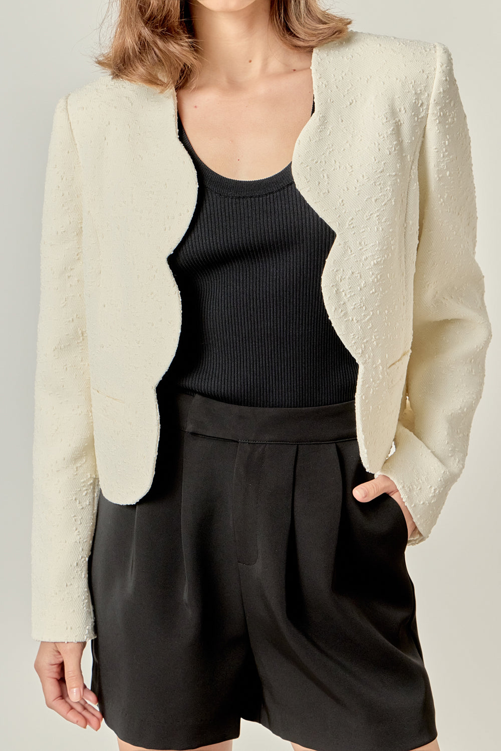 white scallop blazer, holiday blazer, white jacket