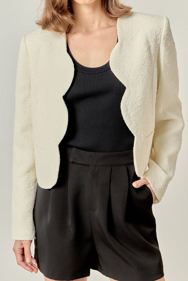 white scallop blazer, holiday blazer, white jacket