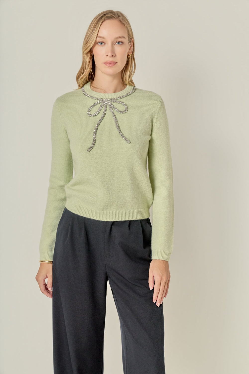 Mint Rhinestone Bow Knit Sweater