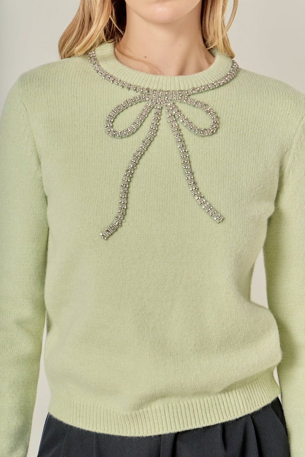 Mint Rhinestone Bow Knit Sweater