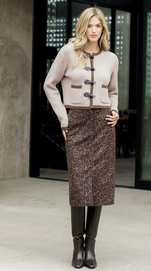 THML Leopard Print Suede Midi Skirt