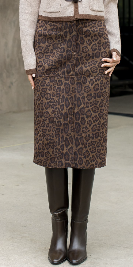THML Leopard Print Suede Midi Skirt