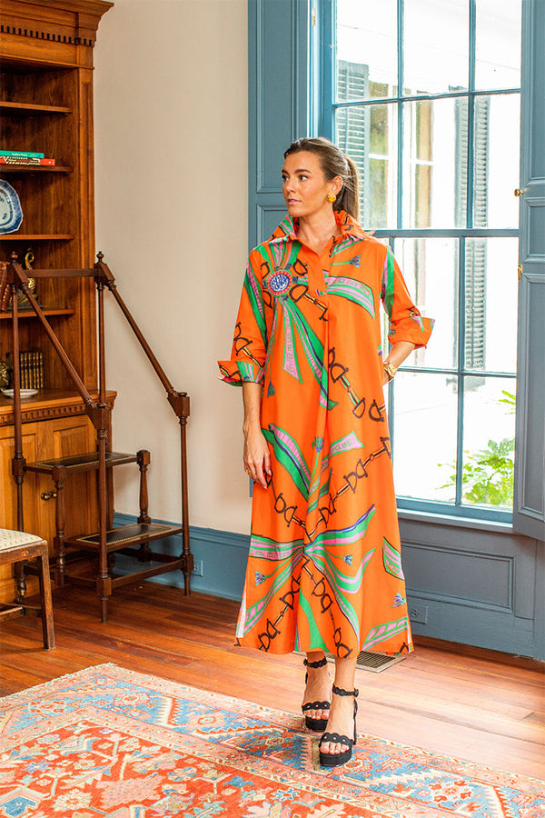 House of MBR, Fall dress, maxi dress, boutique dress, charleston boutique, Hermes, horse bit, equestrian fashion, Estate Orange Shirt Dress Long