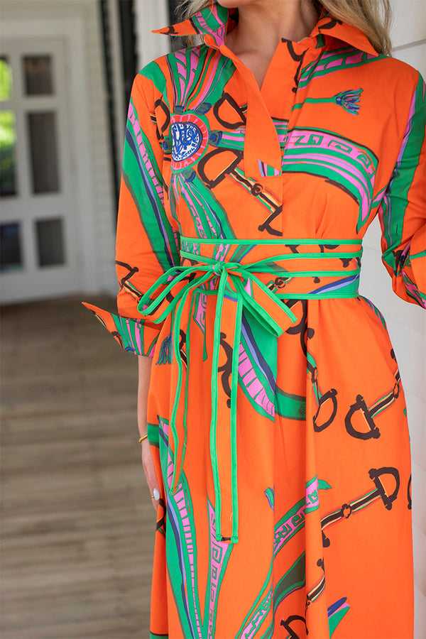 House of MBR, Fall dress, maxi dress, boutique dress, charleston boutique, Hermes, horse bit, equestrian fashion, Estate Orange Shirt Dress Long