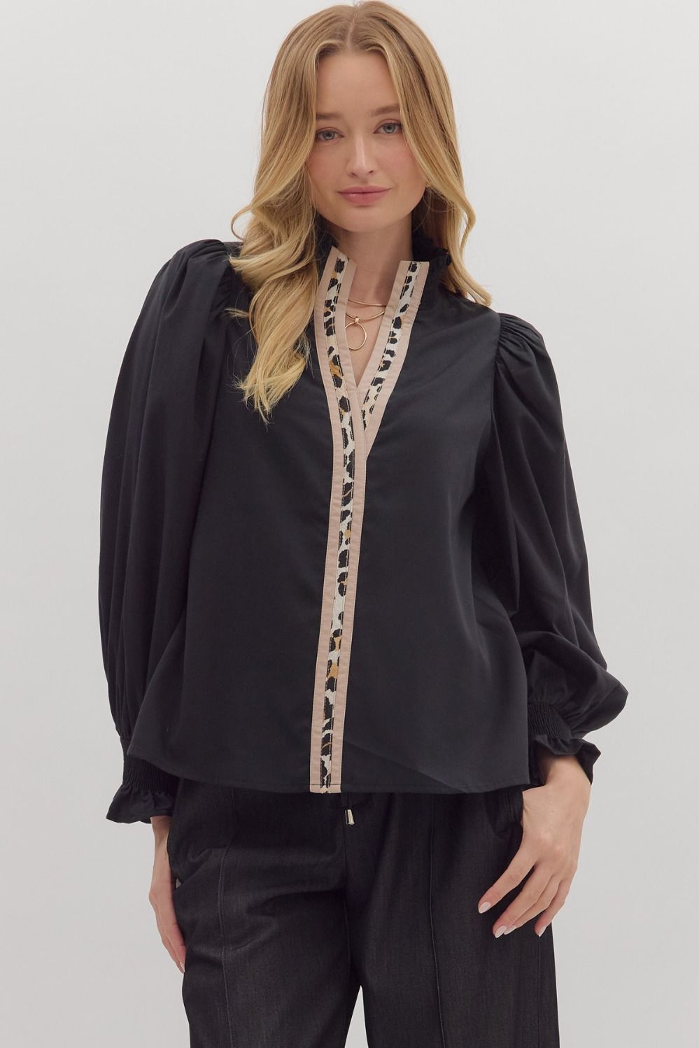 Leopard Trim Top - Black