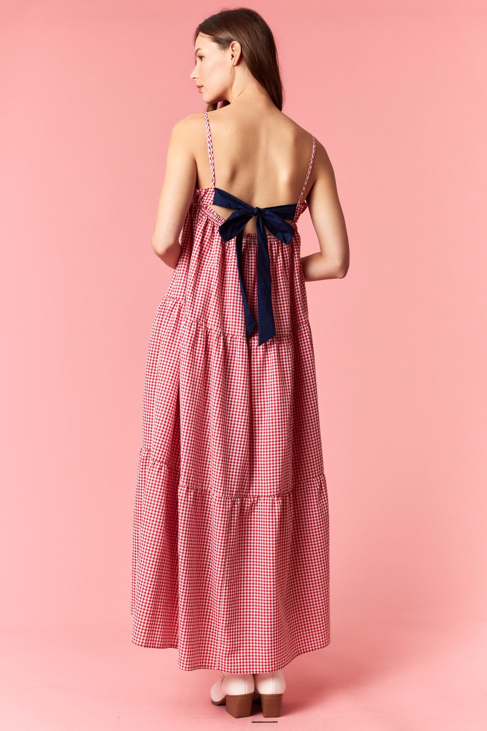 strapless open back dress Red Gingham Maxi Dress