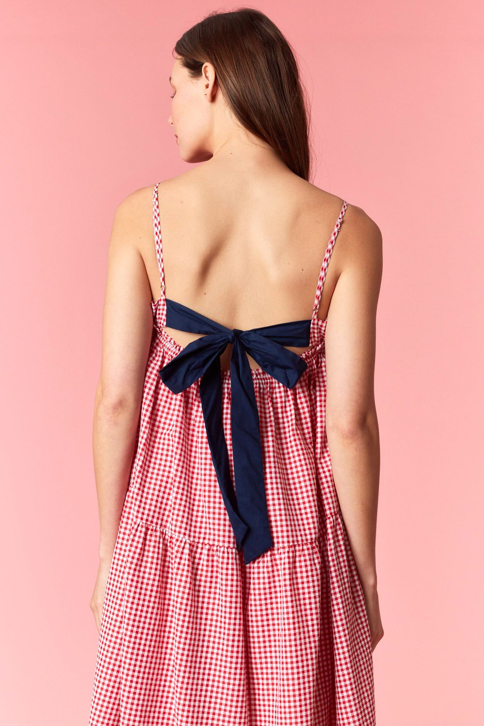 strapless open back dress Red Gingham Maxi Dress
