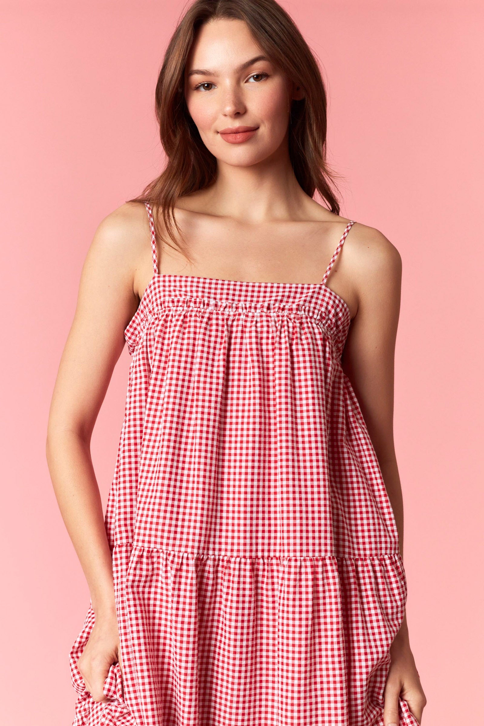knee length dresses for ladies Red Gingham Zip Front Midi Dress - All Dresses main image 0