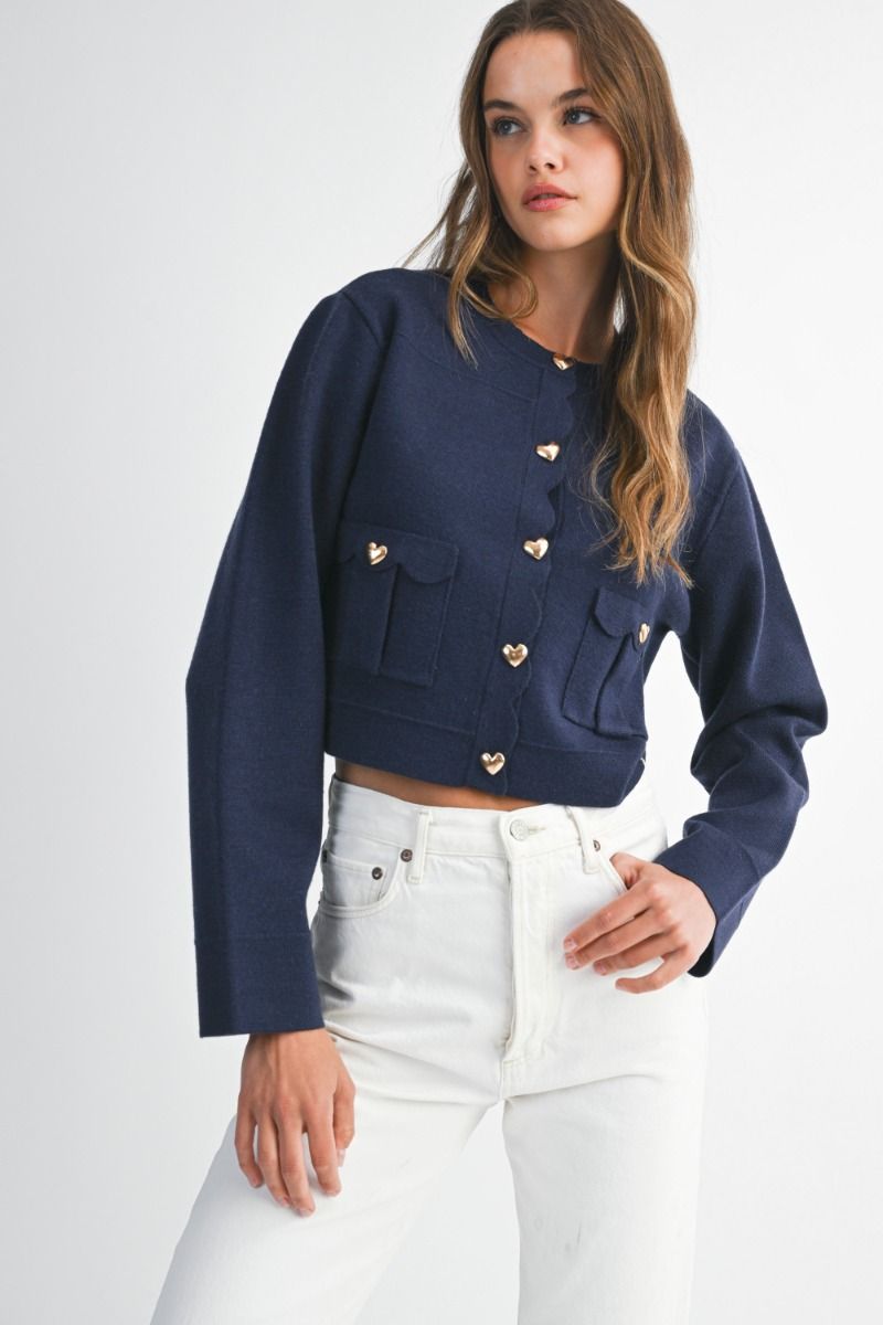 Navy Heart Button Cardigan