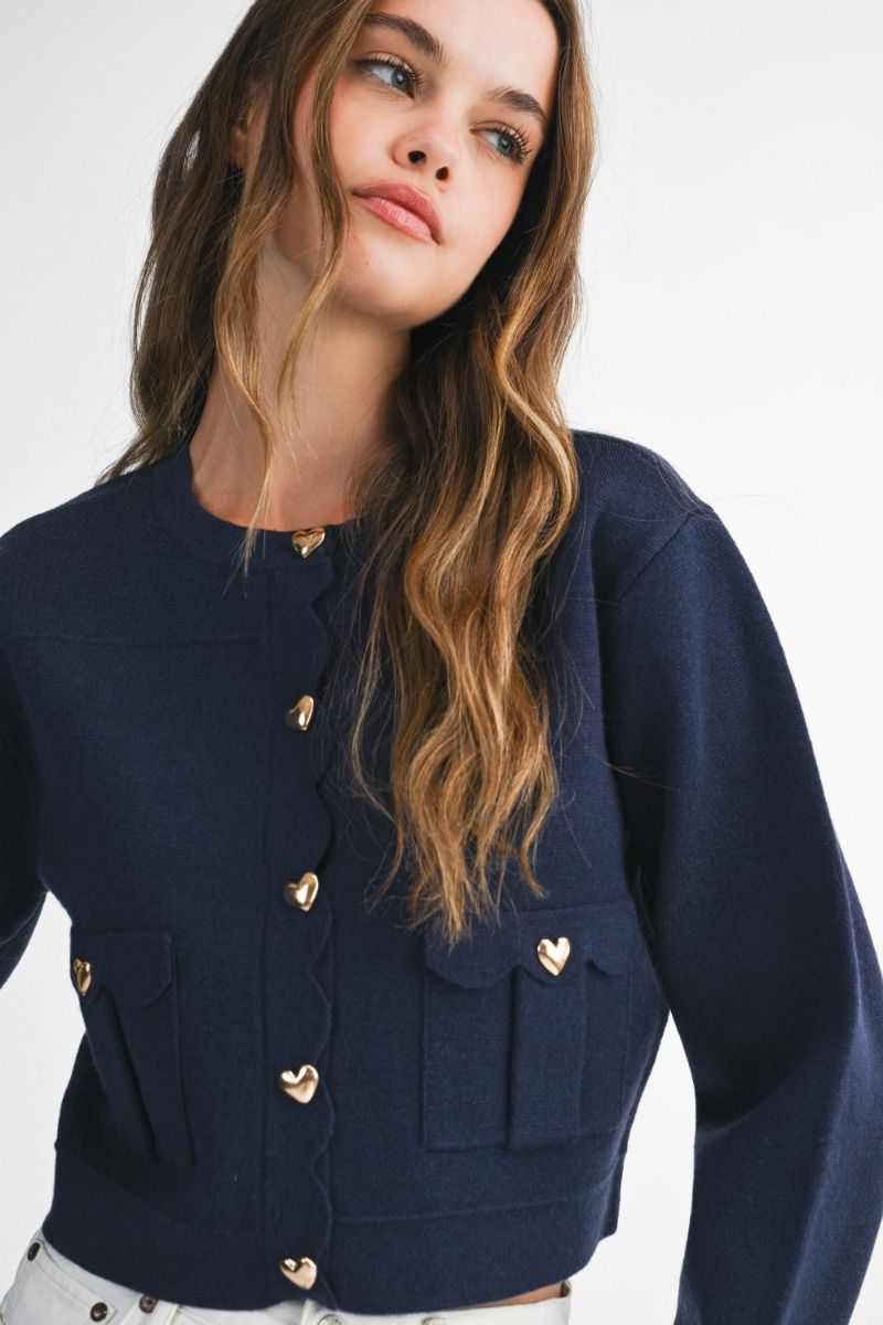 Navy Heart Button Cardigan