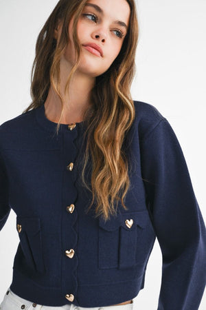 Navy Heart Button Cardigan