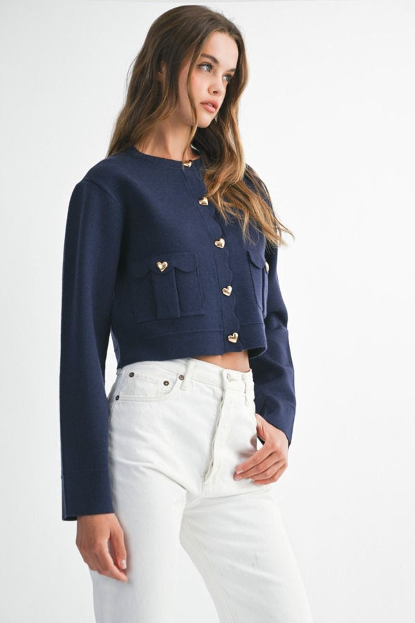 Navy Heart Button Cardigan