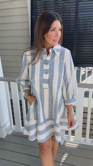 blue and white stripped spring dress