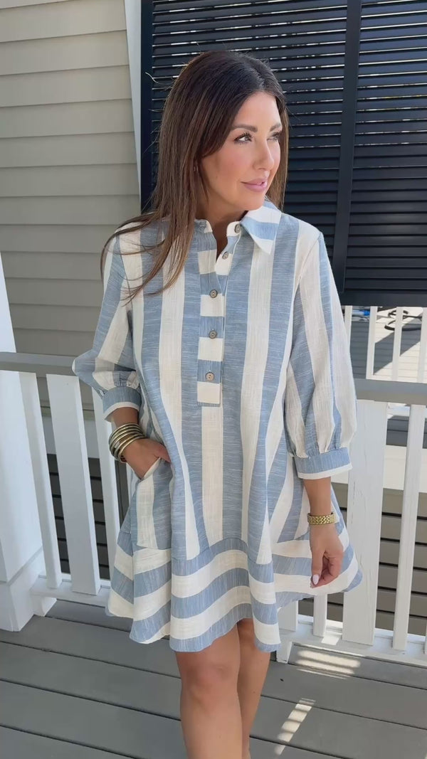 blue and white stripped spring dress