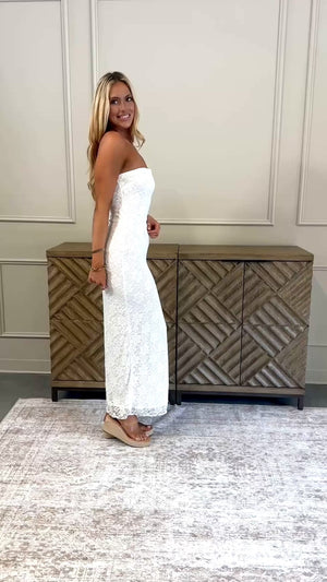 White maxi lace and high slit dress, summer maxi dress, bridal maxi dress, strapless white lace maxi dress, 