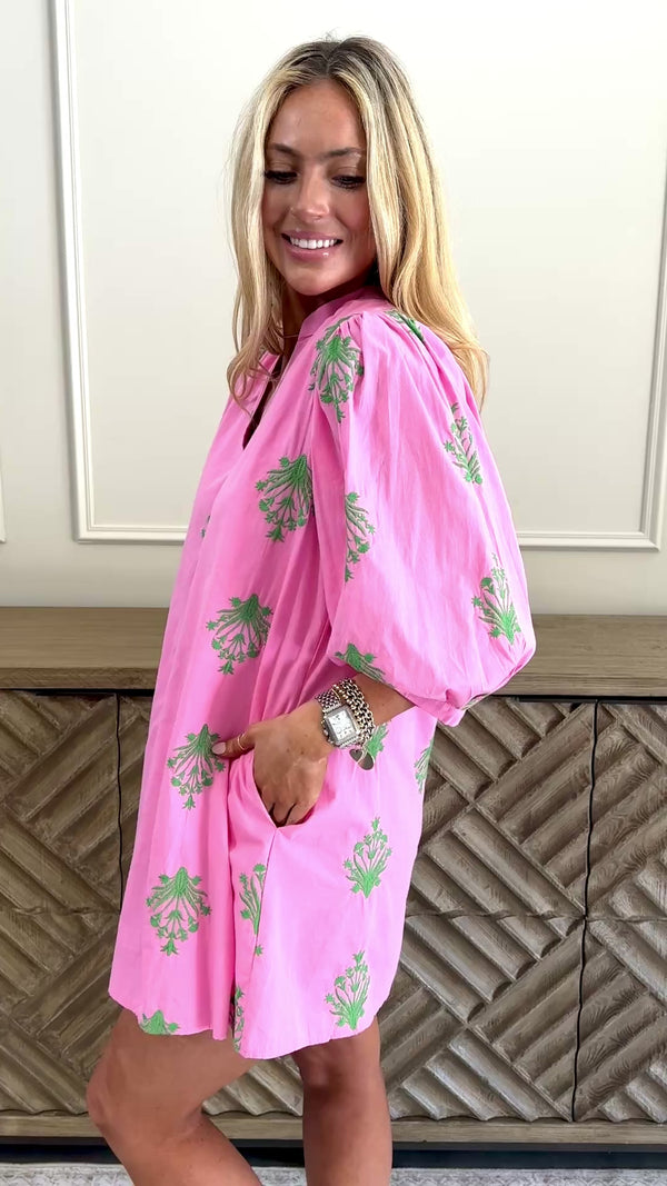 Pink short dress with Green embroidery design 