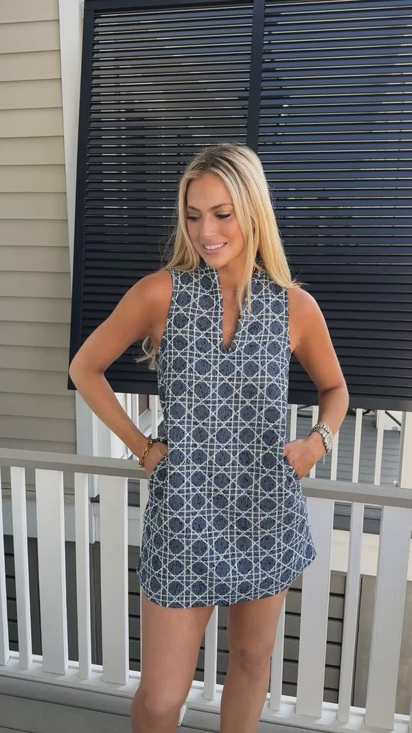spring mini dress, easter dress, elevated dress, brunch dress, pockets in dress, blue and white dress