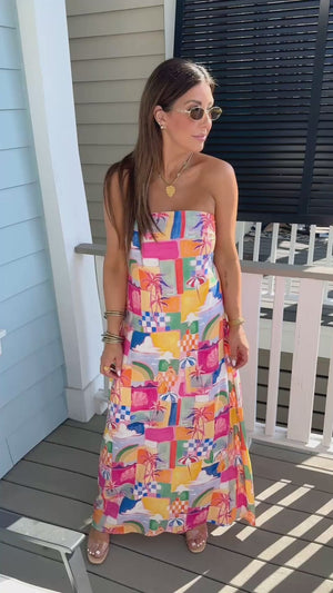 beach summer maxi dress, beach strapless dress, elevated summer dress, beach detail dress, Mexico dress