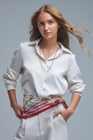 Cream Stripe High Neck Shirt